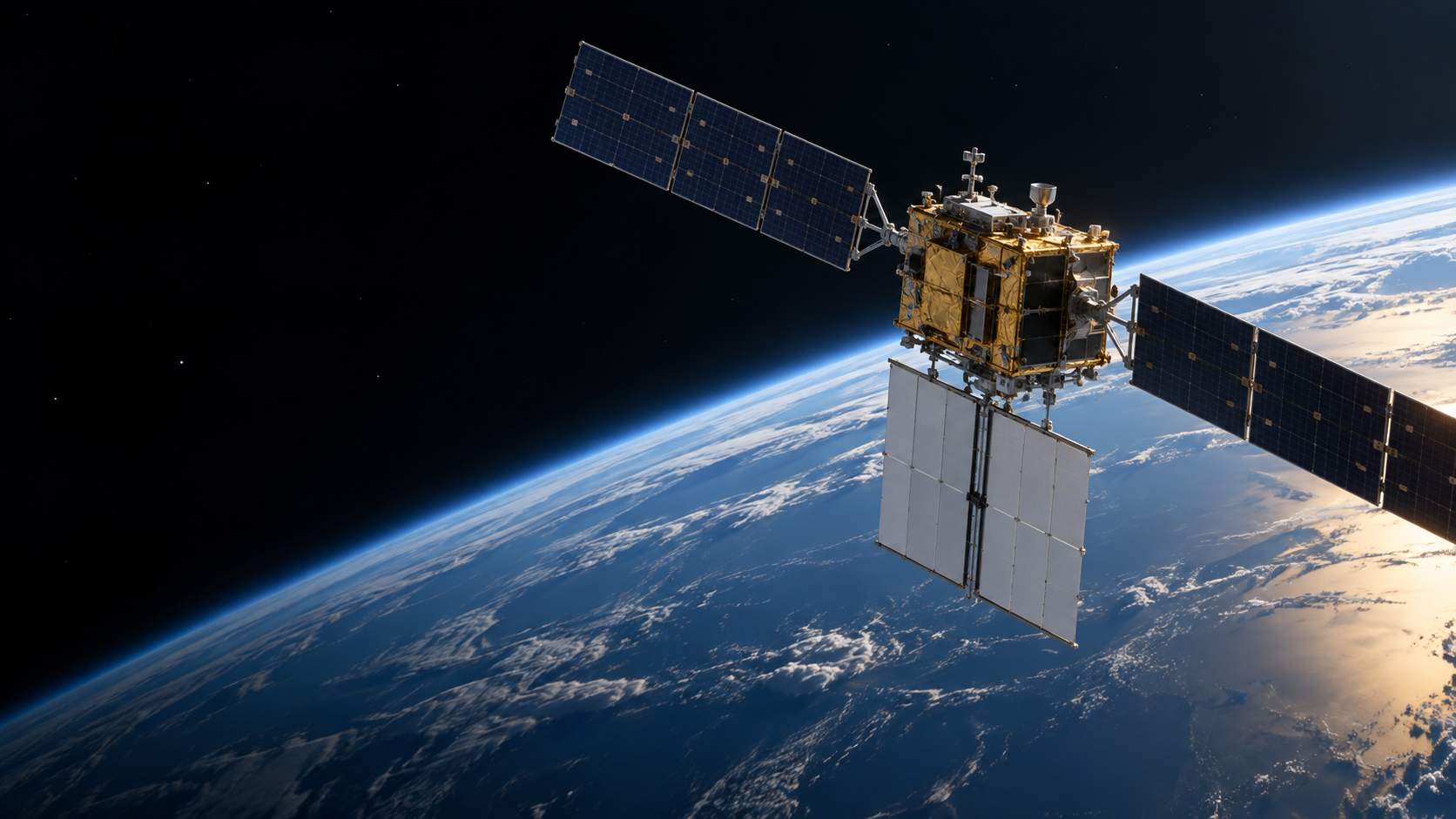 Concept illustration of an orbital compute module with solar arrays and a radiator above Earth